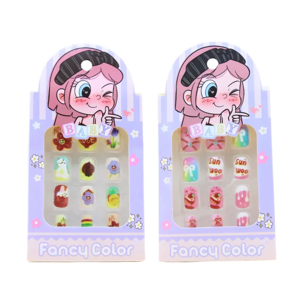 Uñas press-on 6 diseños diferentes 2 por modelo para niña (Set de 12 cajitas)