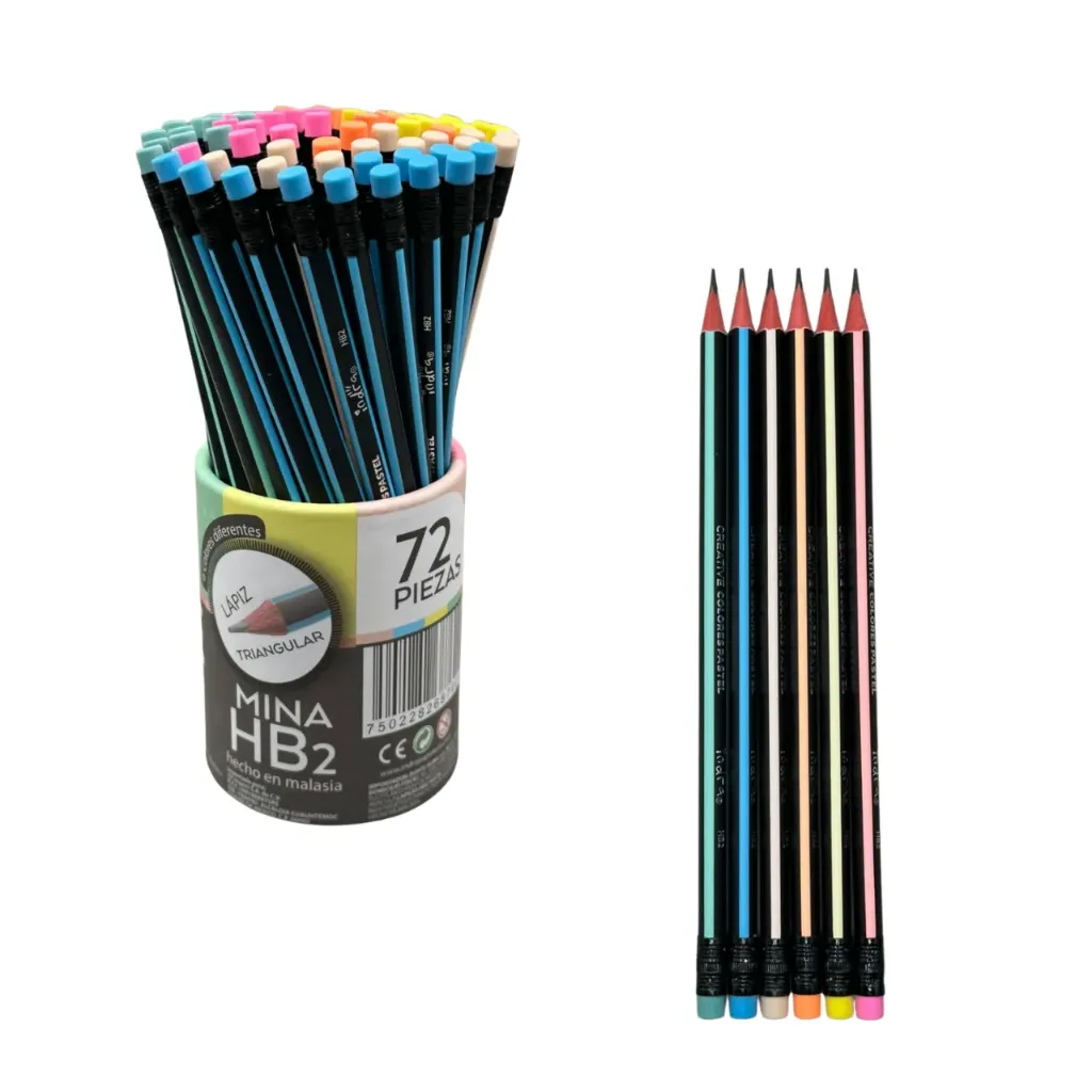 Bote 72 lapiz hb triangular madera pastel IND-0123-C (1 set de 72 piezas)