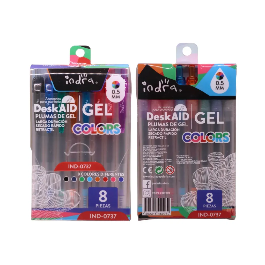 Set 8 plumas de gel retractil colores punta 0.5 mm IND-0737