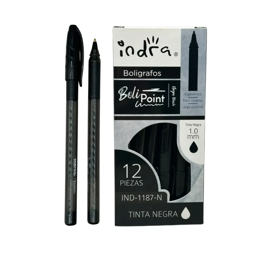 Cajita 12 pluma tinta negra punta 1mm IND-1187-N (1 set de 12 piezas)